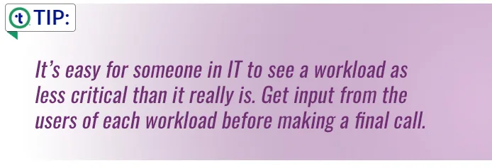 Tip_its easy for someone in IT to see a workload as less critical than it really is. Get input from the users of each workload before making a final call.