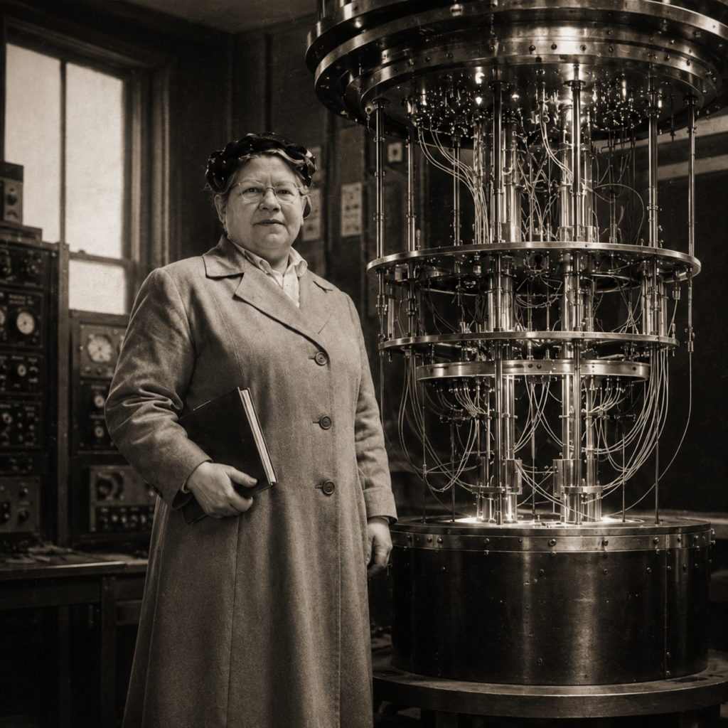 Older woman in a coat stands beside a large circular laboratory instrument with exposed wires and circuitry.