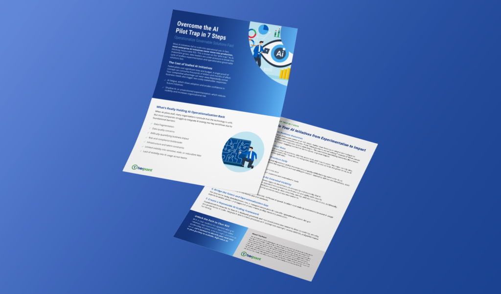 Three tilted white and blue infographic pages on a blue gradient background, resembling a brochure set