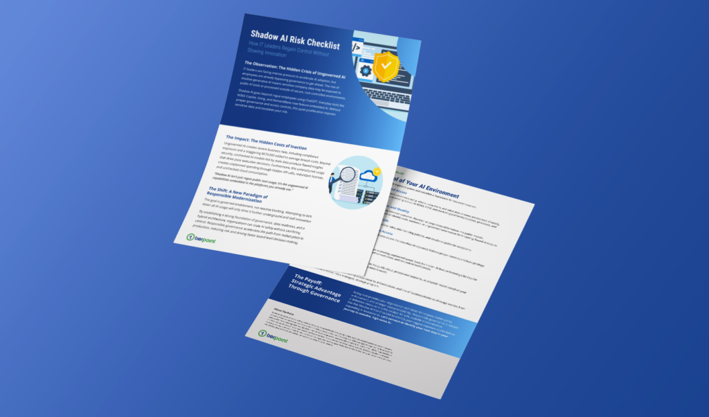 Three blue-toned flyers stacked diagonally on a blue gradient background, showcasing AI risk and governance topic.
