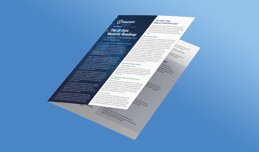 Tilted, multi-page brochure with a dark blue cover reading 'The AI Data Maturity Roadmap' and white inner pages, set against a blue gradient background.