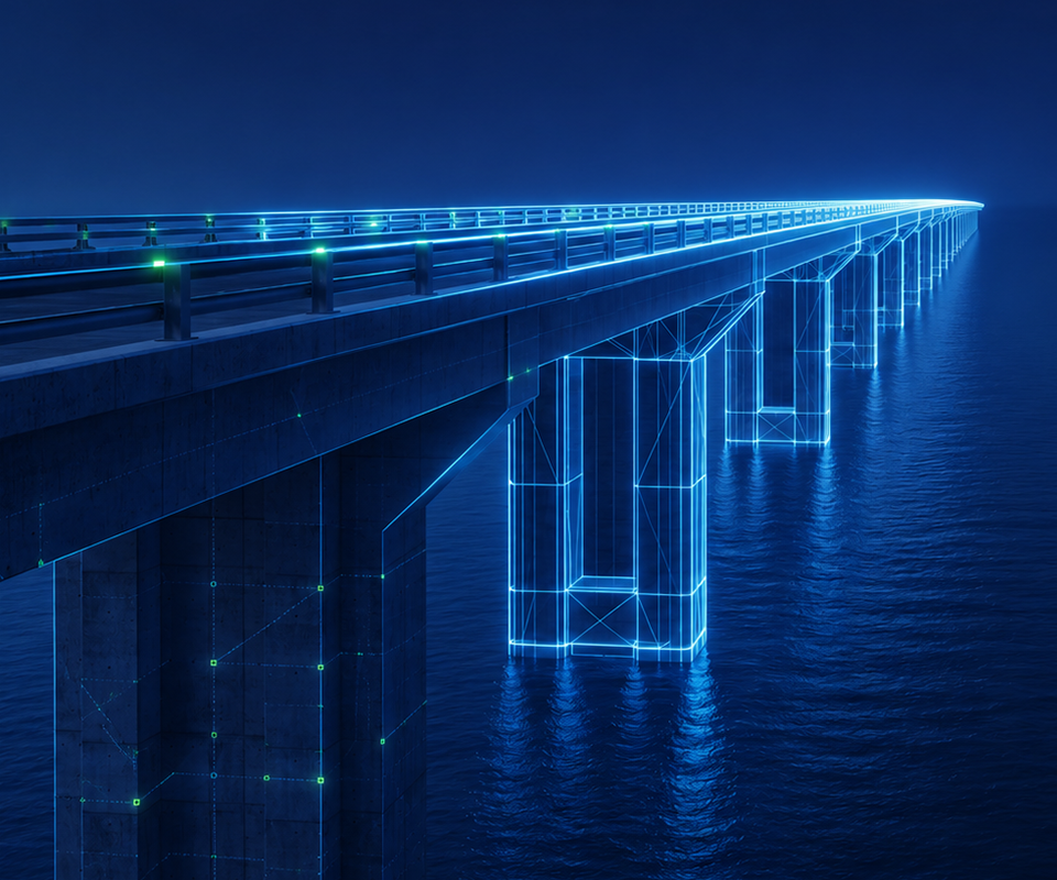 Night view of a long bridge over dark water, illuminated in blue neon with wireframe outlines along the supports and deck. Futuristic bridge with glowing blue lines along pillars and deck, extending into the horizon over a calm sea. Long pier at night with blue holographic glow and grid-like outlines on the pillars. Bridge over water with neon blue lighting and geometric wireframe patterns on the supports. Technological concept bridge at night with turquoise glow and digital grid along its underside.