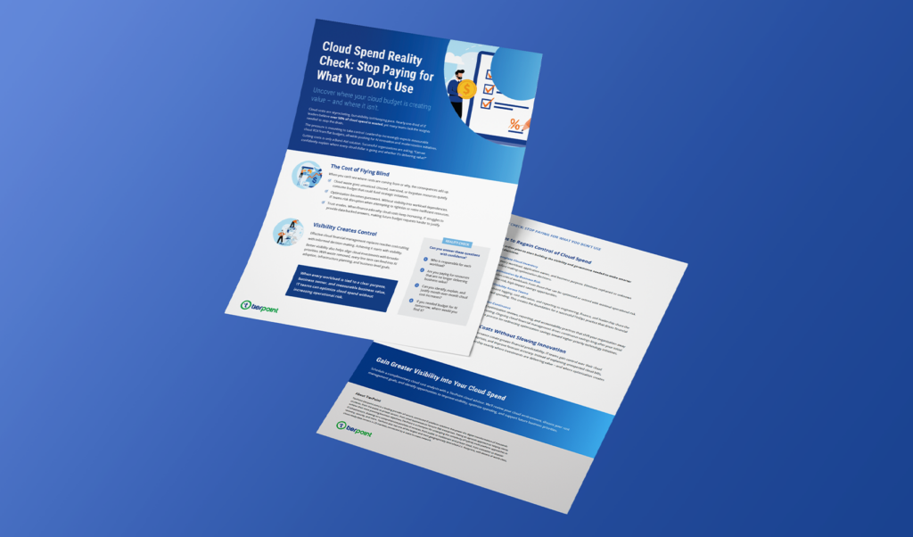 Tri-fold brochure/infographic about Cloud Spend Reality Check with blue gradient background and stacked pages showing charts and icons