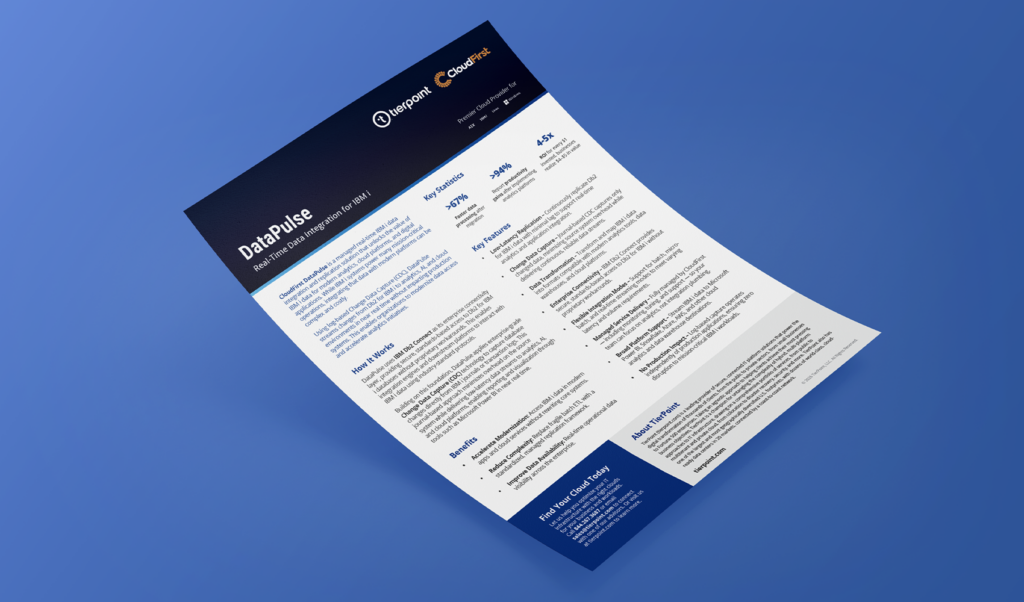 Tilted marketing brochure on a blue gradient background, showing 'DataPulse' real-time data integration for IBM with logos.