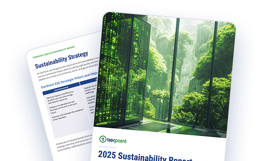 Cover pages for a sustainability strategy report and a 2025 sustainability document, set against a backdrop of a green data-center and a lush forest outside the windows.