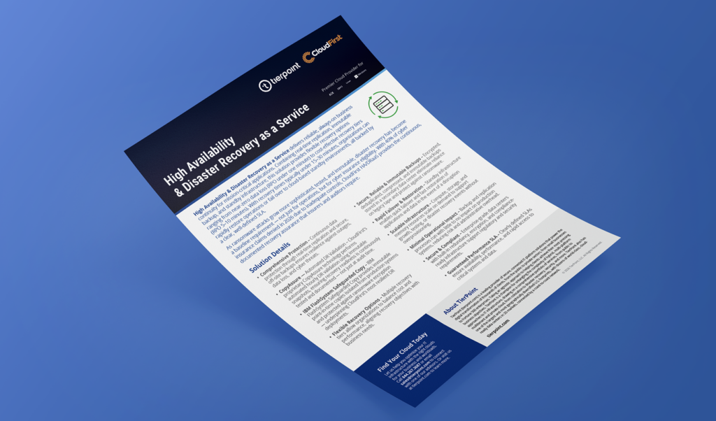 Tilted brochure titled 'High Availability & Disaster Recovery as a Service' with a dark header and dense text sections on a blue background.
