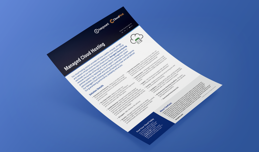 Tilted brochure showcasing managed cloud hosting on a blue gradient background.