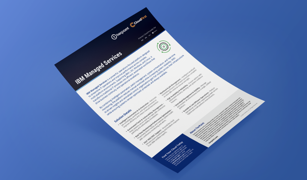 Promotional brochure for IBM Managed Services, shown on a blue gradient background with a dark header and white content area.