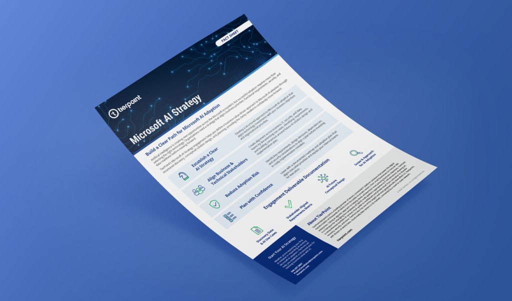Fact sheet-style infographic titled 'Microsoft AI Strategy' with a blue circuitry header and TierPoint logo on the left.