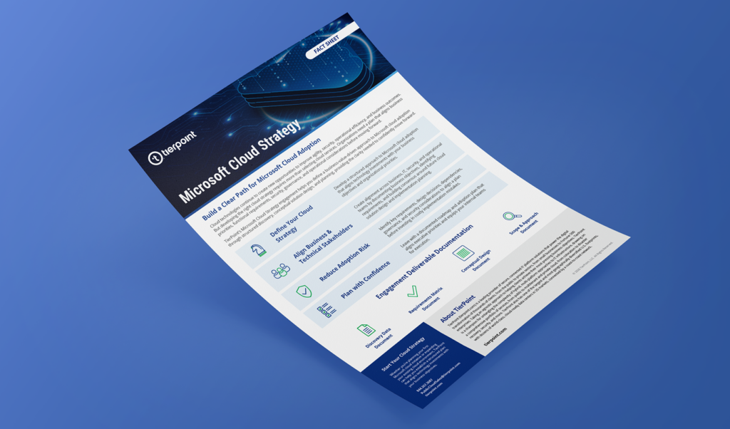 Infographic flyer titled 'Microsoft Cloud Strategy' showing sections and icons on a blue gradient background (delivered by TierPoint).