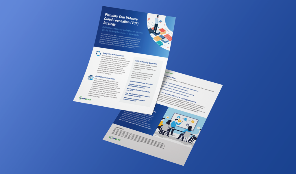 Tri-fold brochure about Planning Your VMware Cloud Foundation (VCF) Strategy, with a blue header and illustrative graphics.