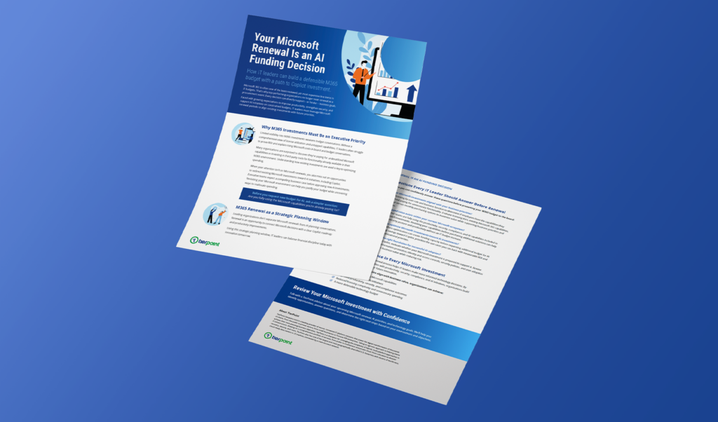 Tilted blue marketing brochure titled 'Your Microsoft Renewal Is an AI Funding Decision' with graphs and a person illustration on the page edge.
