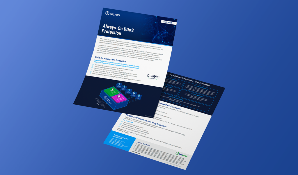 Tilted brochure about Always-On DDoS Protection with blue network graphics and TierPoint branding on a blue gradient background, showing title and diagrams.
