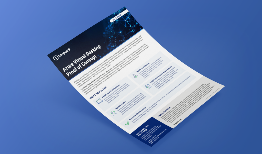 Tilted brochure titled 'Azure Virtual Desktop Proof of Concept' on a blue gradient background, featuring a dark header and light content sections with a tech-themed graphic at the top left.