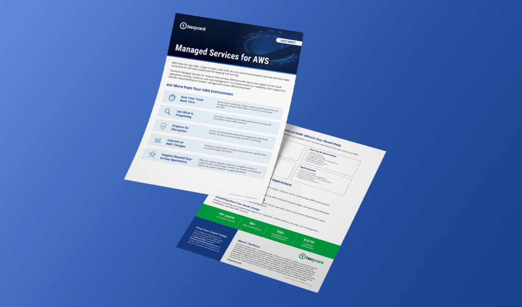 Two overlapping brochures: a TierPoint fact sheet titled 'Managed Services for AWS' with blue header and sectioned content.